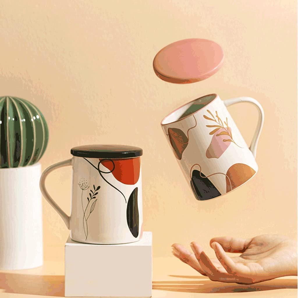 Taza de Café de Té Taza De Café Con Tapa, Tazas Creativas De Cerámica Para Bebidas Calientes Con Asa, 14,1 OZ, Taza Para Beber En El Microondas para té de la tarde(B)