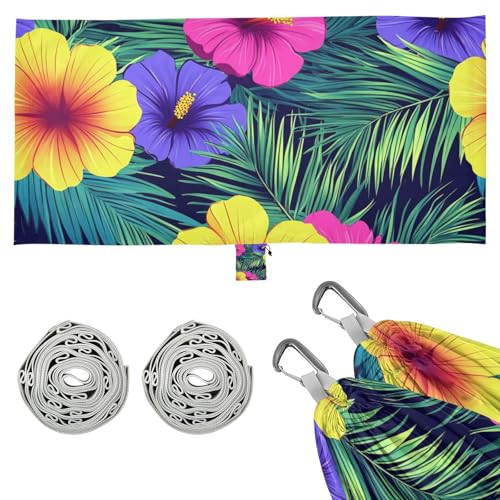 Hawaiian Style Flowers Palm Leaves Bright Colors Outdoor Hammock with Tree Straps Cloth Hammock for...