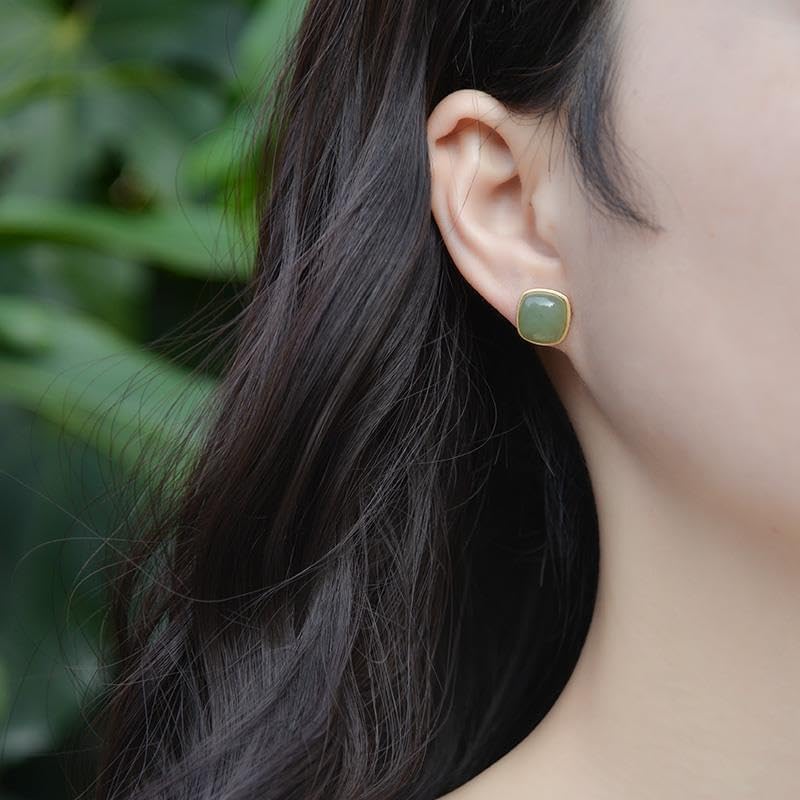 18K Gold Plated Green Jade Stud Earrings – Minimalist Square Natural Stone Earrings for Women - Image 5