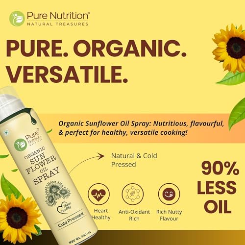 Image of Pure Nutrition Sunflower Oil Cooking Spray - 200ml | 100% Pure & Edible | Healthy Cooking with 10X Less Oil | Ideal for Baking, Grilling & Frying | High Smoke Point | Light, Even Spray for Low-Calorie Meals & Heart Health
