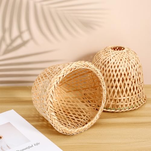 Image of Beavorty Rattan Lamp Shade 2 Pcs Wicker Lamp Shade Bamboo Woven Chandelier Lampshade Rattan Pendant Light for Ceiling Pendant Floor Khaki Japanese Decor