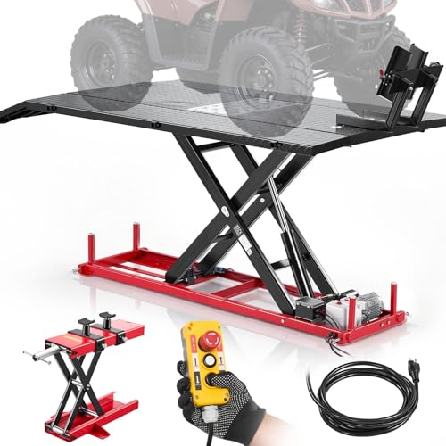 Image of VEVOR Motorcycle Lift Table, 1500 lbs Capacity, Electric Hydraulic Pump with Scissor Lift Jack, Wheel Chock, 9.05 inch-41.73 inch Height, 78.3 inch x 50.4 inch Extra-Wide Heavy Duty Repair Stand for ATV, Dirt Bike