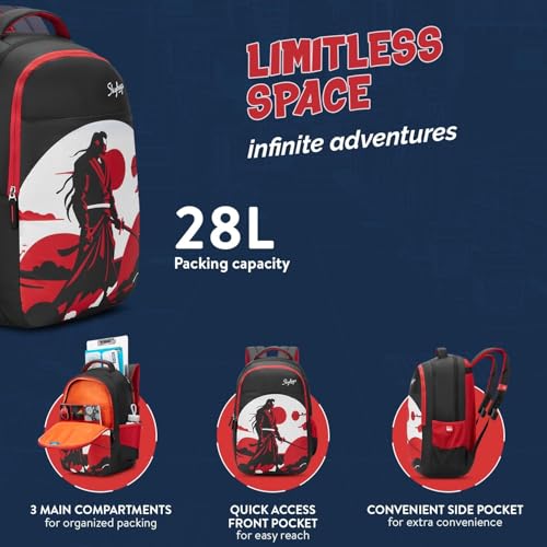 Image of Skybags Kyro 01 Samurai 28 Liters Premium Polyester Fabric School Backpack for Kids with Multiple Compartments and Adjustable Strap - Boys & Girls