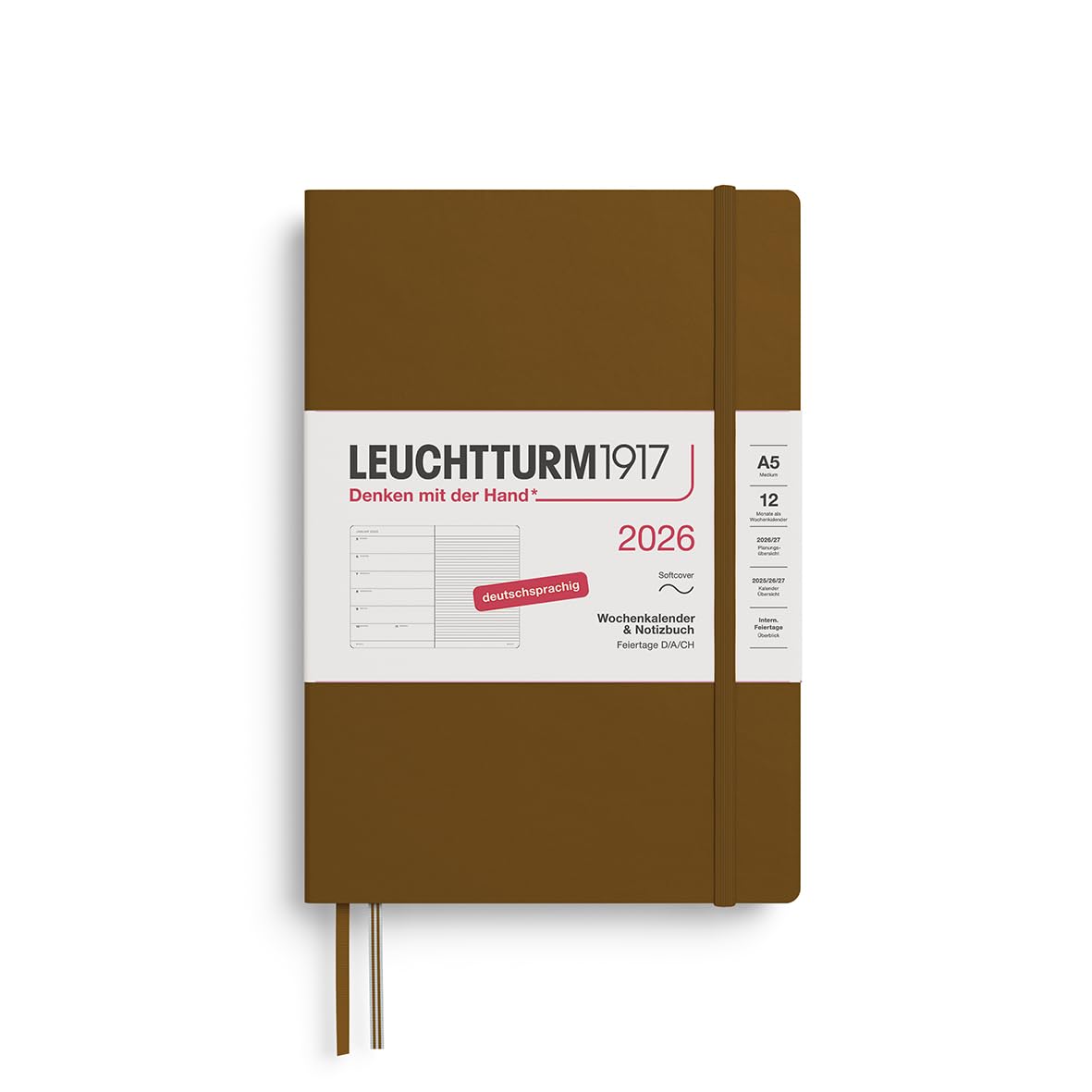 LEUCHTTURM1917 372502 Weekly Calendar & Notebook Medium (A5) 2026, 12 Months, Soft Cover, Spice Brown, German