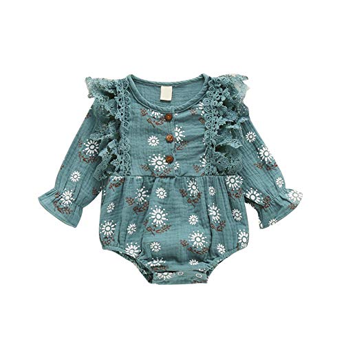 Baby Winter Long Sleeve Shirts,Infant Girls Long Sleeve Lace Ruffles Floral Print Bodysuit Romper Clothes Green