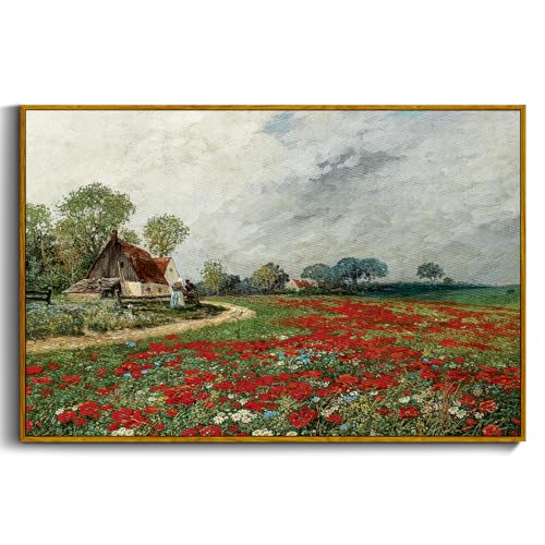 crmotu Vintage Framed Wall Art, Flower Field Farmhouse Landscape Painting, Daisy Floral Canvas Art Prints, Countryside Scenery Retro Wall Decor Living Room Kitchen Bedroom Decor Aesthetic 16x24in