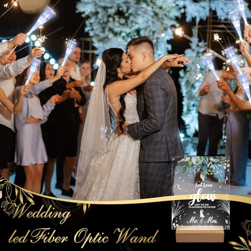 Image of VIHOSE 52 Pcs Wedding Party Favors White Fiber Optic Wands with Acrylic Wedding Table Sign Wooden Illuminated Base LED Fiber Glow Stick Light up Wands for Reception Bridal Shower Party Favors Decor
