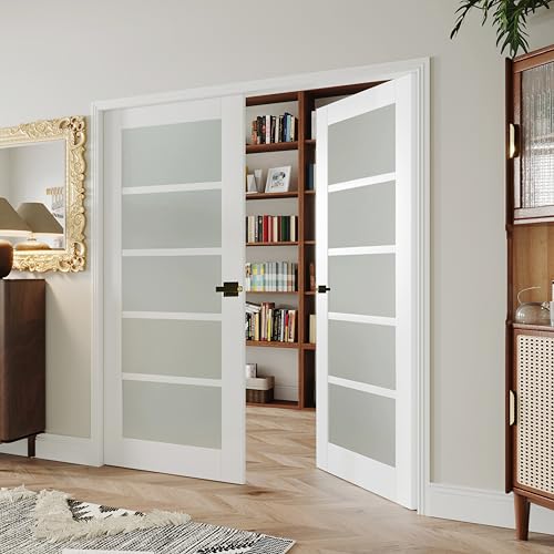 Image of 60 inch x 80 inch French Doors, 5-Lite Frosted Glass Interior Door with Black Door Levers, Pantry Door Slabs for Bathroom Bedroom Pantry Laundry Closet Door, Assembly Required