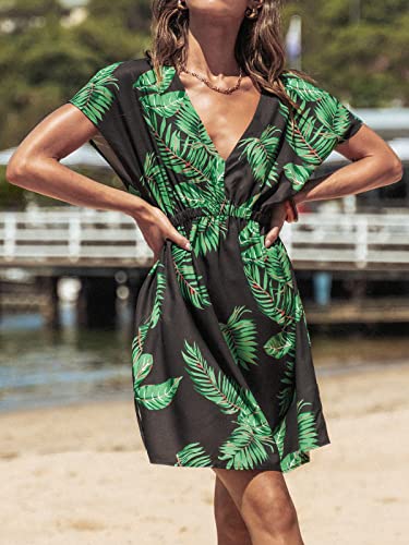 Image of CUPSHE Women's Swimsuit Coverup Casual V Neck Beach Dress Short Sleeve Elastic Waist Swimwear Cover Ups 2026 Beachwear