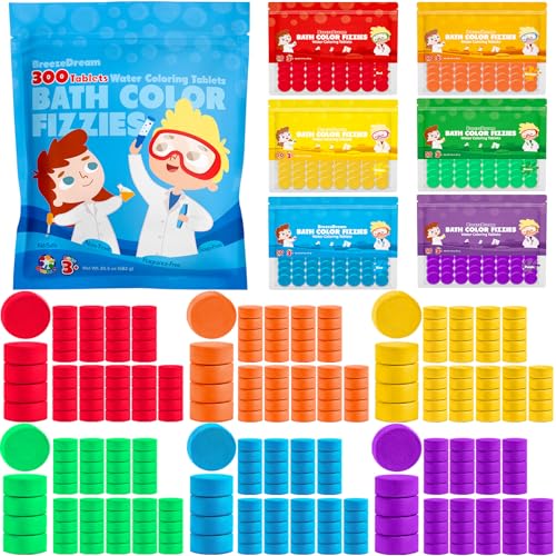 300 Count Bath Color Tablets for Kids Non-Toxic & Fragrance-Free Fizzies Tablets 6 Vibrant Water Colors Kid-Friendly Bath Bombs Set for Fun Bath Time Ideal for Kids Ages 3+
