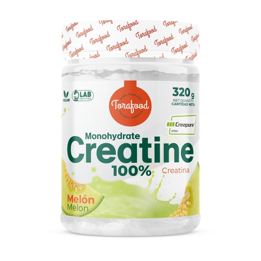 Creatina Monohidrato Creapure en Polvo | 320G | Sabor Melón | Aumento de Masa Muscular y Resistencia | Gran Solubilidad | 100% Vegana | Torafood