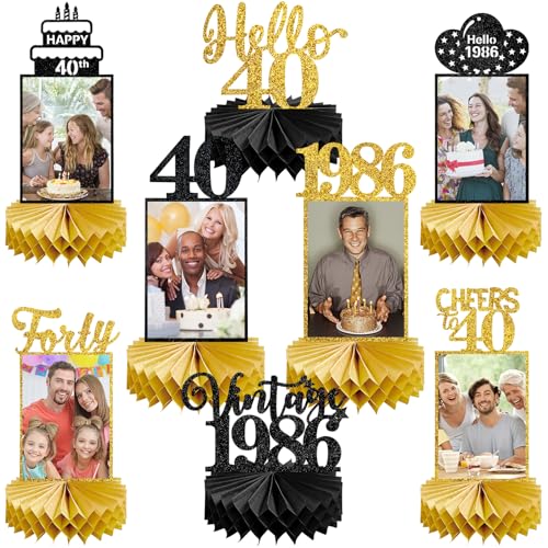 Image of Eucutur 8Pcs 40th Birthday Decorations Honeycomb Centerpieces for Women Men, Black Gold Vintage 1986 40th Bday Photo Table Centerpieces Party Supplies, Glitter Cheers to 40 Year Old Bday Table Topper