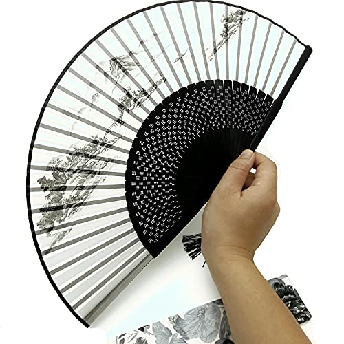 Eastern Wind Hand fan with a gift bag, bamboo folding fan Chinese landscape painting, White, 21 cm x 38 cm - Image 2