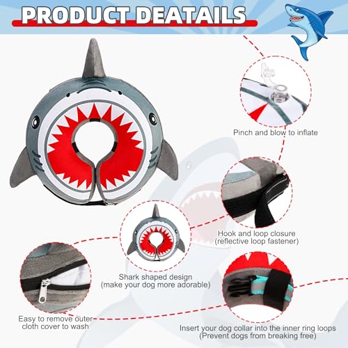 Image of KOOLTAIL Inflatable Dog Cone Collar, Soft Donut E Collar for Dogs After Surgery to Stop Licking Enhanced Alternative, Blow Up Pet Neck Pillow Recovery Adjustable Cone for Dog Cat, Upgrade Size,Shark L