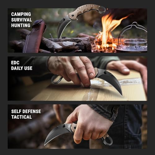 Image of GOOD WORKER Tan Karambit Folding Knife for Men - Military Sharp Tiger Claw Blade - Pocket & Folding Knives for Hunting Camping EDC - Birthday Gifts Ideas for Dad Husband Boyfriend X-42 T