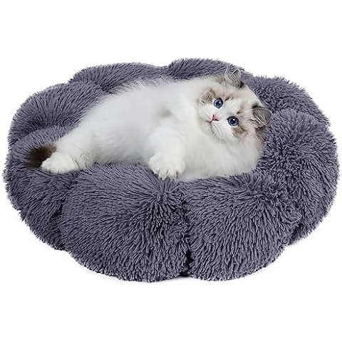 SENNAUX Cat Bed Cute, 23.6" Washable Grey Donut Bed for Indoor Cats and Small Dogs, Soft Cute Flower Fluffy Round Donut Cat Beds, Anti Anxiety Pet Bed, Self-Warming Bed, Dark Grey Cover