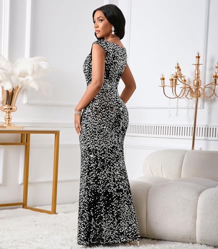 Image of dasmzper Women's Sequin Evening Gown - Elegant Sleeveless V Neck Mermaid Formal Maxi Dress for Wedding, Prom or Party