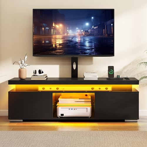 DWVO TV Stands for Living Room, Modern TV Stand for 70/65 inch TV with Mount & Power Outlet, LED Black Entertainment Center with Storage, Gaming Media Stand, Black