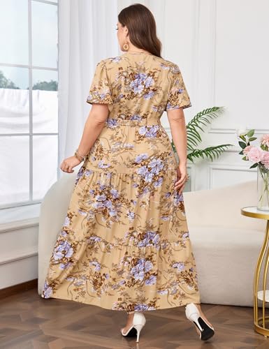 Image of ShopWonder Womens Plus Size V Neck Wrap Maxi Dress High Waist Ruffle Summer Casual Dress with Belt