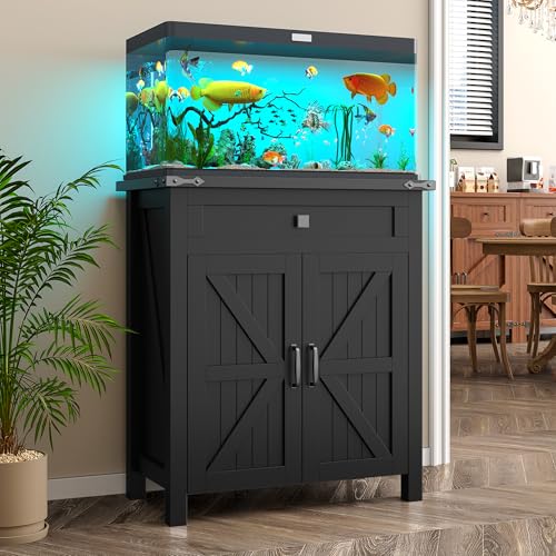 kepptory 20 Gallon Fish Tank Stand with Power Outlets, Farmhouse Decorative Aquarium Stand Furniture with Adjustable Shelves, 10-20 Gallon Reptile Turtle Tank Stand with Cabinet Storage (Black, 20GL)
