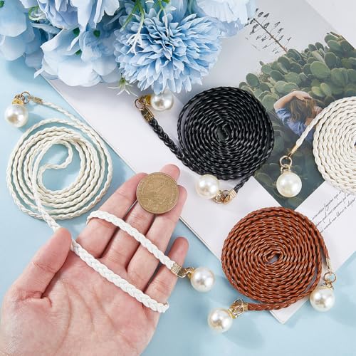 CRASPIRE 6Pcs Skinny Waist Belt for Women 54.37 Inch Black White Brown Adjustable Tie PU Leather Pearl Girdle Braided Chain Belts Thin Woven Chains Belt Rope Boho Fringe Belt for Skirt Dress3