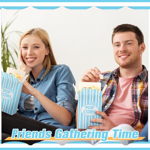 Image of Xinnun 200 Pcs Paper Popcorn Boxes 1oz Oil-proof Disposable Striped Popcorn Boxes Container Leak Proof Paper Holders for Movie Night, Party, Birthday, Wedding (Light Blue)