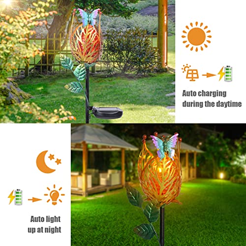 Solar Garden Lights Outdoor Decorative - Flower Solar Garden Stake Lights With Butterfly Landscape Path Lights Waterproof Solar Pathway Lights For Garden, Lawn, Patio, Yard Decorative（Yellow） #TOP1