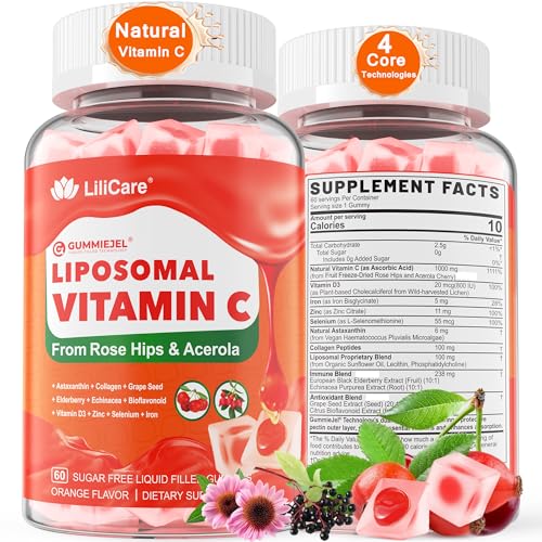 Natural Liposomal Vitamin C 1000mg Gummies for Adults & Kids 9+, Chewable Vitamin C w/ 11mg Zinc, D3, Elderberry, Echinacea, , Bioflavonoid, Immune Support, Whole Food VIT C from Fruits, Sugar Free
