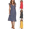 MITILLY Women's Boho Polka Dot Flutter Short Sleeve V Neck Button Down Swing Midi Dress with Pockets Medium Dark Blue