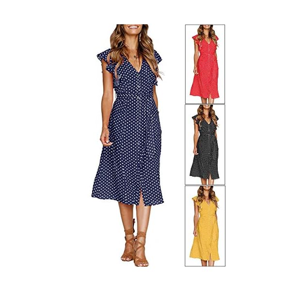MITILLY Women's Boho Polka Dot Flutter Short Sleeve V Neck Button Down Swing Midi Dress with Pockets Medium Dark Blue