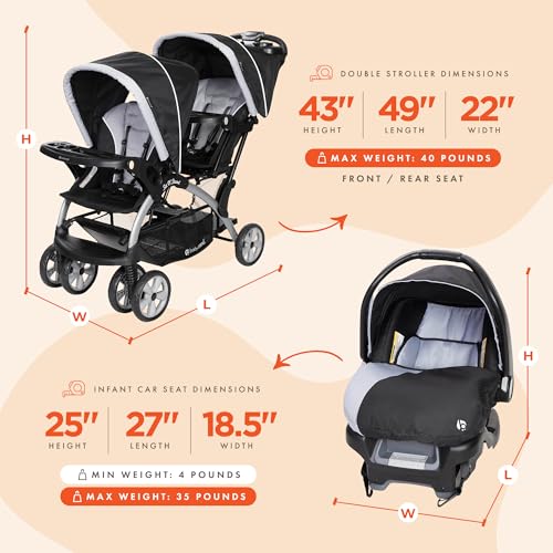 baby trend infant and toddler double stroller amp car seat combo 2 pc set stormy - portable and lightweight stroller duo and car seat travel system tandem