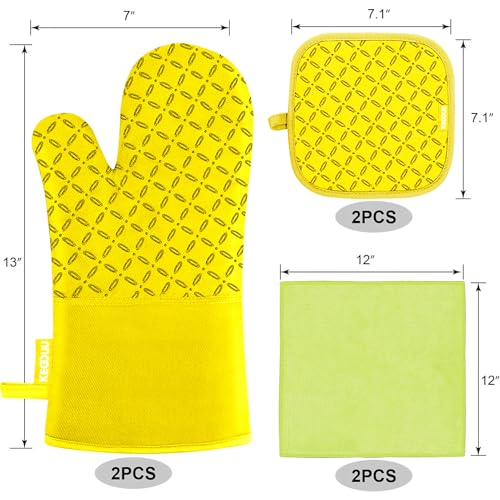 Image of KEGOUU Oven Mitts and Pot Holders 6pcs Set, Kitchen Oven Glove High Heat Resistant 500 Degree Extra Long Oven Mitts and Potholder with Non-Slip Silicone Surface for Cooking (Yellow)