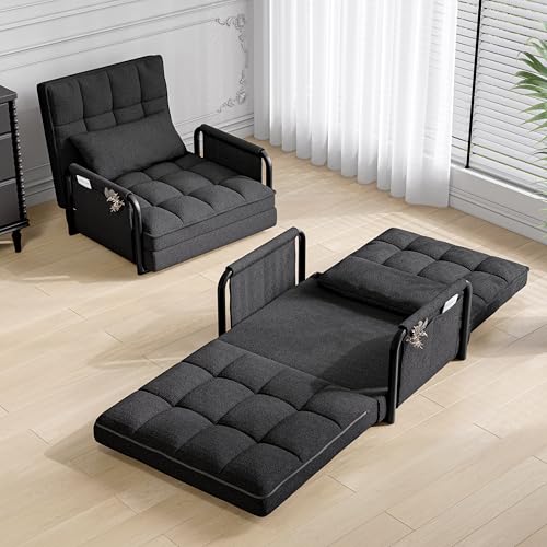 Sillón cama con función de cama, con reposabrazos y respaldo, sofá cama convertible, silla individual ajustable con bolsillo lateral, superficie de descanso 180 x 82 cm, color negro, 180 x 82 cm