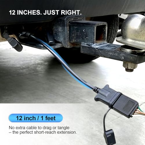 Image of 12-Inch 4-Pin Trailer Connector - 18 AWG Heavy Duty Shielded 4-Way Flat Trailer Light Extension Cable, 1-Foot Quick Bridge Connection with Waterproof Cap, Thick Rugged Copper Tail Light Wiring Harness