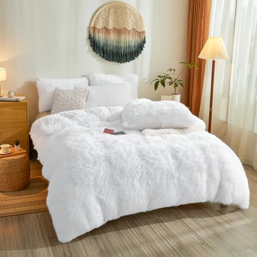 Fluffy Faux Fur White Comforter Cover Queen Set – Plush Fluffy White Bedding 3-Piece Set (1 Duvet Cover + 2 Furry Pillow Shams) Cozy Bed Set