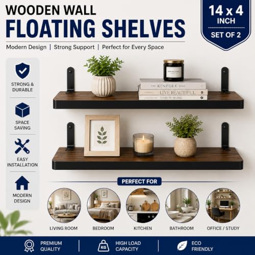 Image of Engineered Wood Floating Wall Shelves Pack of 2, Black 14x4 Inch Wooden Display Rack for Living Room, Bedroom, Kitchen, Office, Wall Mounted Bookshelf & Decorative Shelf
