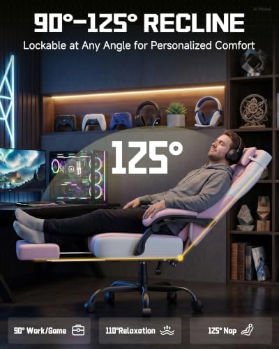 GTPLAYER Big & Tall Gaming Chair, Reclining Office Seat with Footrest, Ergonomic Comfy Computer Desk Chair for Adults, Home Office Gaming Study Use, Pink
