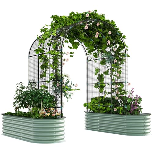 Outsunny Raised Garden Beds with Arch Trellis, Galvanized Planter Box with Climbing Net for Climbing Vegetables Flowers, Metal Raised Bed Kit with Rubber Strap Edging, Open Bottom for Garden, Patio