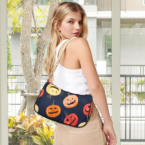 Halloween Spooky Jack Lantern Pumpkins Medium Handbag Tote Womens Shoulder Handbag Aesthetic Retro Formal Purse Hobo Zipper Closure Chain Strap2
