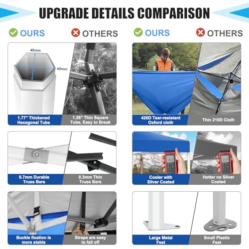 Image of HOTEEL 10x10 Pop Up Canopy Tent for Party with Sidewalls,Heavy Duty Commercial Instant Waterproof Gazebo,UV 50+ with Silver Coated, Upgraded Thickened Hexagonal Legs, Blue