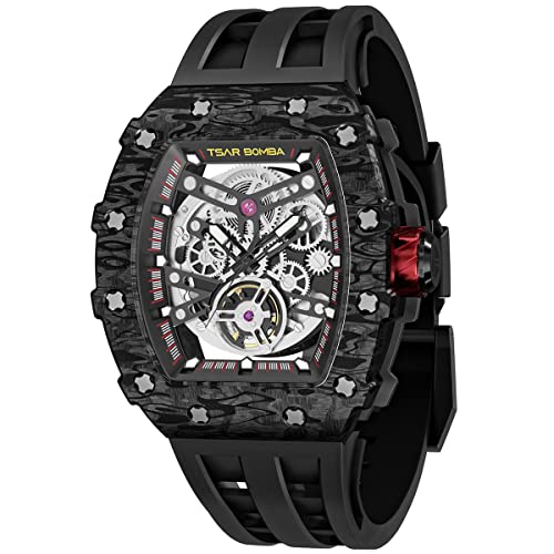 TSAR BOMBA Montre Automatique pour Homme - Luxe Fibre Carbone - Mouvement Japonais - Verre Saphir - Étanche 50m - Bracelet en Silicone - Design Classique Tonneau - Calendrier Lumineux