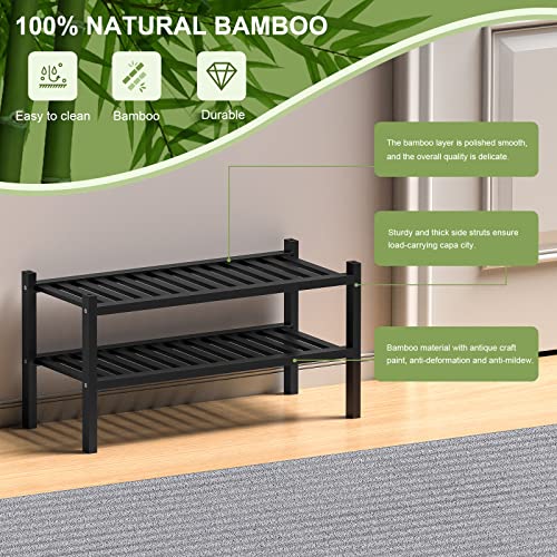 2 Tier (Thick) Bamboo Shoe Rack for Closet Free Standing Wood Shoe Shelf for Entryway Small Space Stackable 27"x12"x14" (Black)