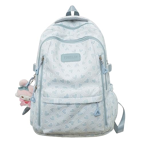 JHTPSLR Preppy Backpack with Plushies Cute Love Hearts Aesthetic Backpack Double Zipper Large Book Bags Waterproof Laptop Backpack (Blue)