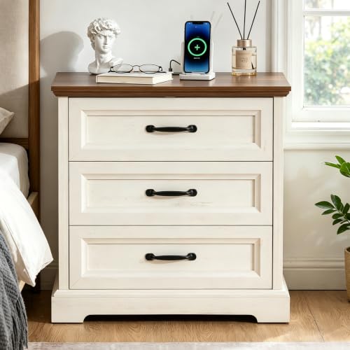Image of HOMMPA 24'' Farmhouse Nightstand with Charging Station, Bedside Tables with AC Outlets & USB Port, 3 Drawers Side Table End Table Dresser, Rustic Wood Night Stand for Bedroom, Rustic White