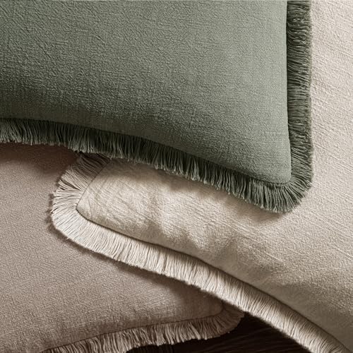 Image of MIULEE Decorative Throw Pillow Covers Neutral Linen Fringe Throw Pillows Euro Shams Set of 2 Dune Boho Farmhouse Cushion Covers for Couch Sofa Bed Living Room Fall Home Decor 22x22 Inch