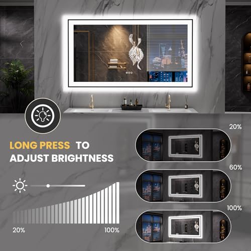 LOAAO 55"X30" LED Bathroom Mirror Black Framed, Anti-Fog, Dimmable, Lighted Bathroom Vanity Mirror for Wall, Memory Function, Tempered Glass