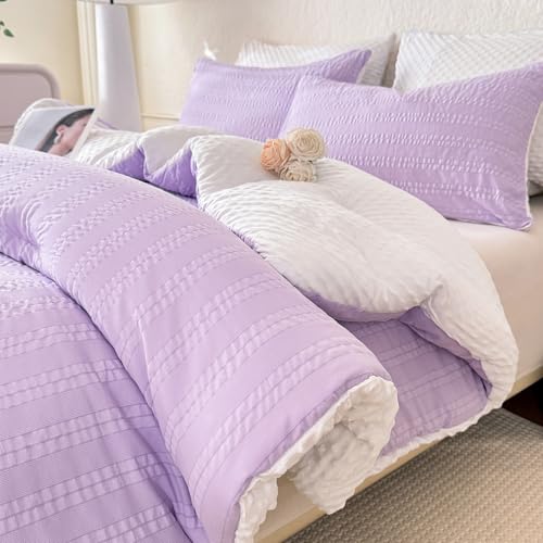 Image of tohrisa Boho Comforter Set King Size Striped Pleats Bohemian Seersucker Bedding Set All Season Soft Cozy 3 Pieces Quilt with 2 Pillowcases(104 inchX90 inch Lavender)