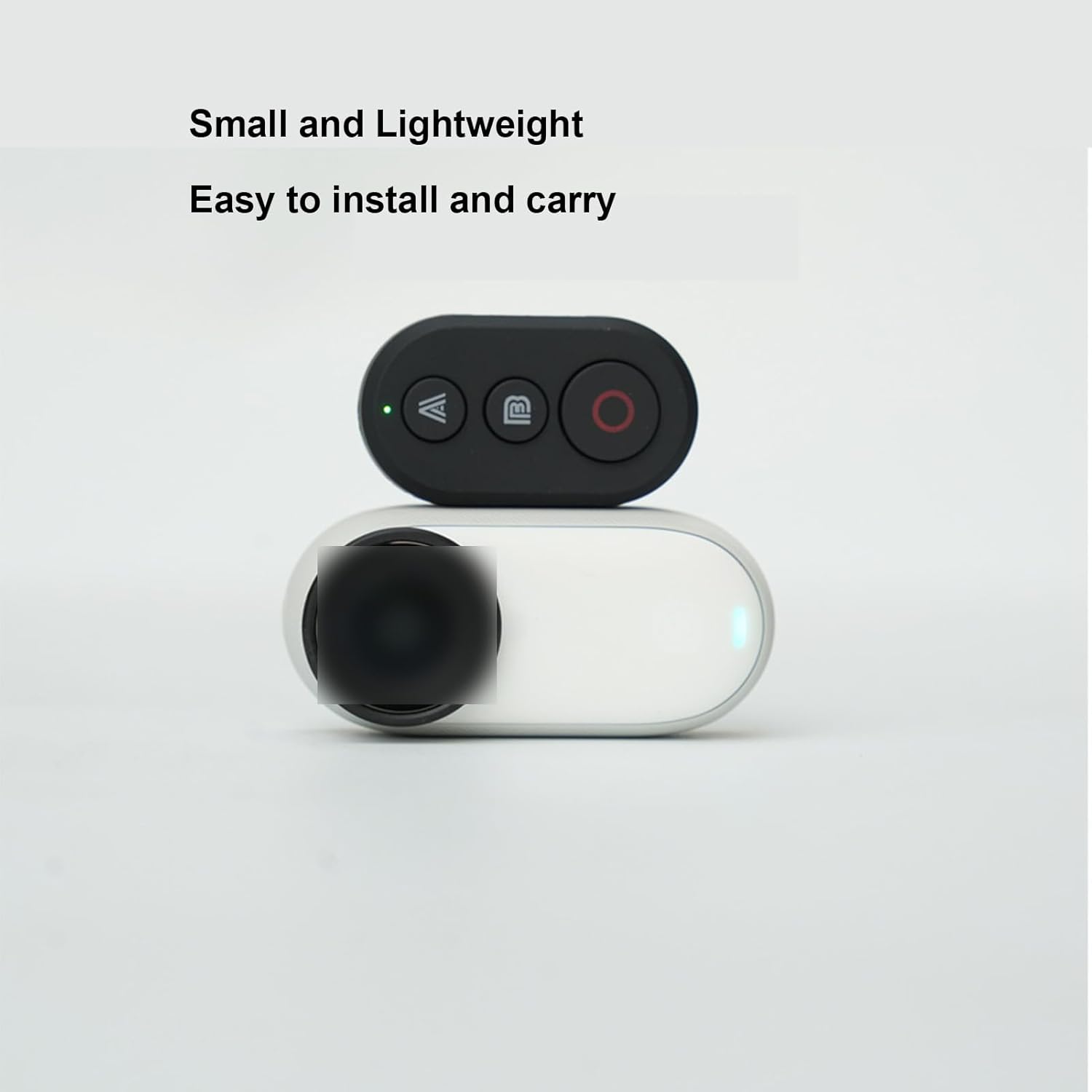 Acogedor remote control placed on a small action camera, highlighting its compact size.