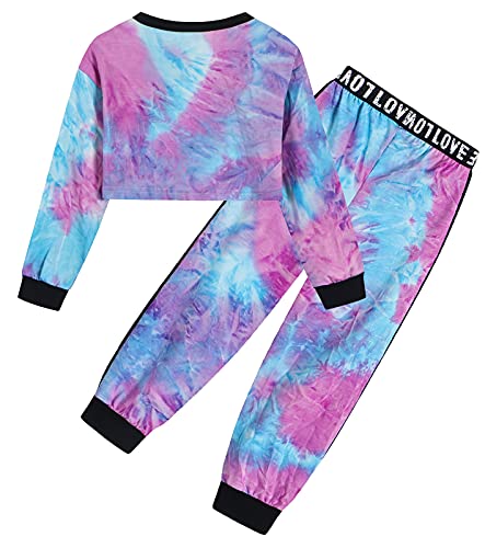 Image of Betusline Little Girls 2 Piece Outfits, Trendy Cute Pullover Crop Tops + Activewear Sweatpants Cropped Sweatshirt Sweatsuit Clothes Set, Purple Tie Dye, 6-7 Years