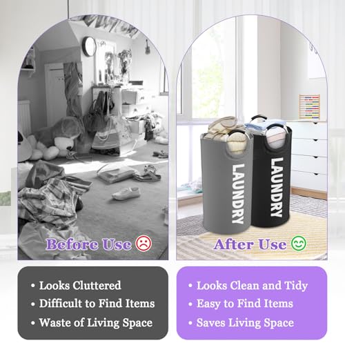 Image of 2Pcs Large Laundry Hamper for Adult, 95L Folding Clothes Basket with Handles, Dirty Clothes Hampers for Bedroom, Stand-alone Laundry Bin for Family, Hotel, Dorm, Grey /Black